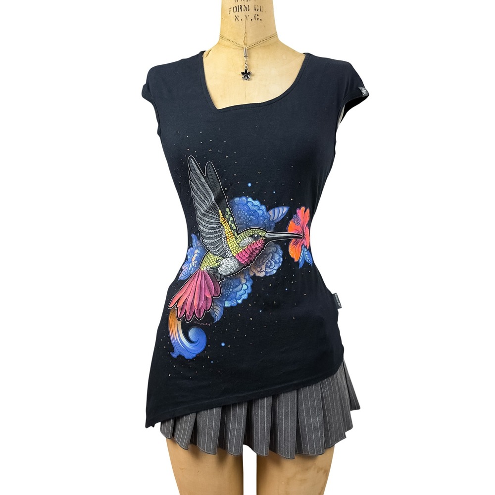 Y2K Graphic Rhinestone Asymmetrical Top Vibrant Karani Art Print Eclectic Fairy